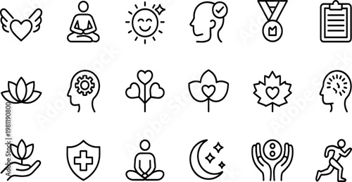 Mental health wellness line icons set with meditation self care therapy mindfulness healing symbols minimal outline vector collection