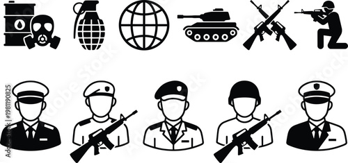 Vector graphic illustration of military and security personnel with weapons and equipment