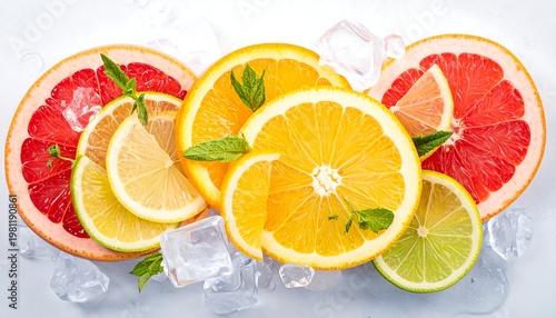 Vibrant overhead shot of sliced citrus fruits and mint leaves scattered on a bed of ice cubes