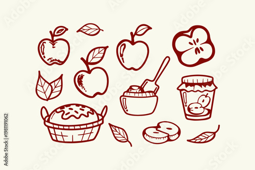 Apple harvest hand-drawn icons: apples pie jam leaves with sliced apple collection ingredients preserve illustration homemade seasonal