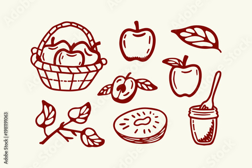 Apple orchard hand-drawn icons: basket of apples pie jam jar with sliced apple collection ingredients preserve illustration homemade seasonal