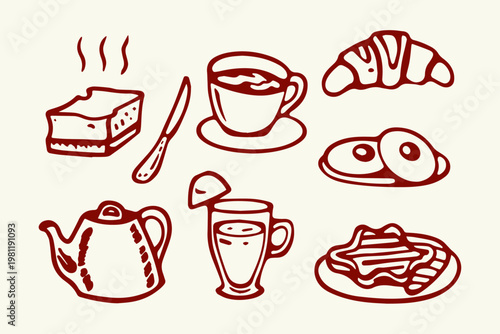 Hand-drawn breakfast spread with coffee croissant cake slices hot drink baked goods breakfast croissant illustration isolated collection wholesome delicious beverage caffeine