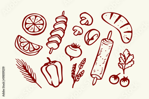 Barbecue ingredients and food items collection in doodle style with lemon slice wheat stalk hand drawn outdoor cooking summer food preparation summer feast barbecue mushrooms