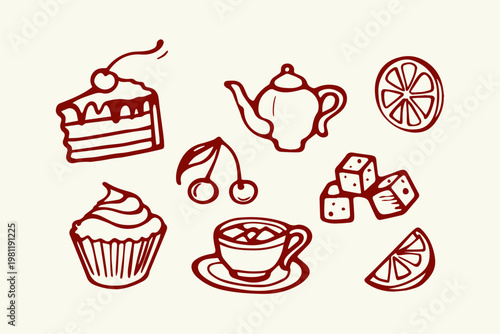 Sweet treats and beverage set in doodle style with sugar cubes lemon slice hand drawn baked goods hot drink sweet treat afternoon tea coffee break dessert time cherries desserts