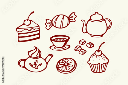 Assortment of desserts teaware sweet delights in doodle style with sugar cubes lemon slice hand drawn baked goods hot drink sweet treat afternoon tea coffee break dessert time