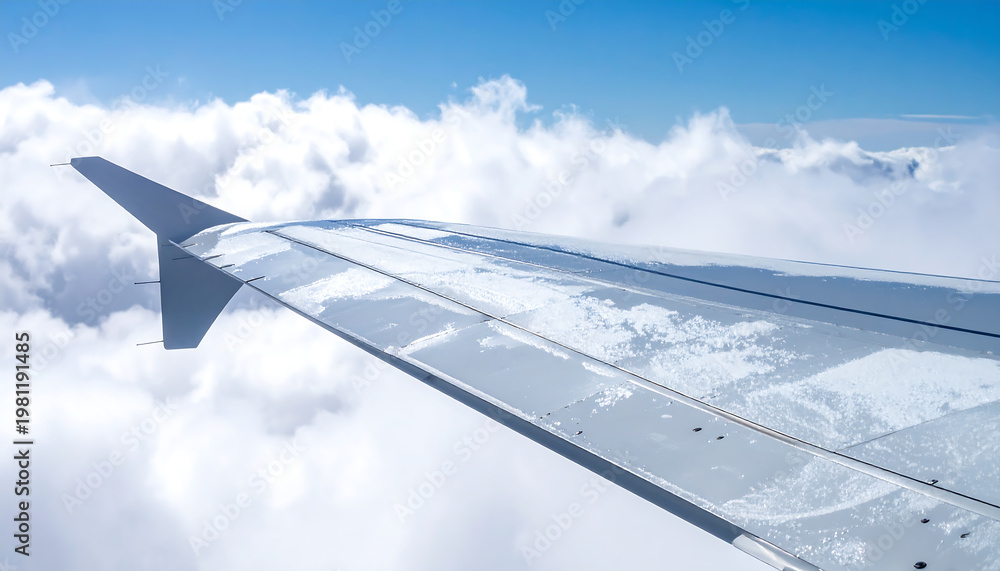 Fototapeta premium Airplane wing covered in ice and snow flying above clouds in a bright blue sky