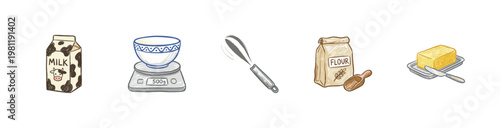 Baking Ingredients and Kitchen Cooking Equipment with Crayon Crayon Pencil Texture and Vintage Inky Aesthetic