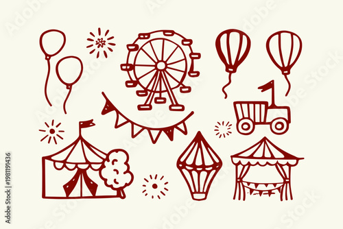 Hand-drawn doodle elements for a carnival or fairground theme with amusement park ferris wheel light background carnival fairground celebration balloons fireworks carousel isolated
