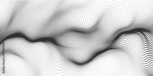 Black halftone dot wave pattern. Abstract grain fluid texture background. Dotted grit curve wallpaper. rasterized undulate swoosh overlay for poster, booklet, banner, brochure, flyer, leaflet. Vector