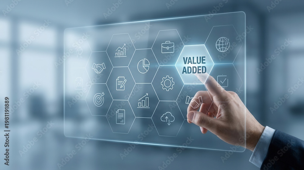 Fototapeta premium A hand touching a virtual screen illustrates adding value to product and service, emphasizing improving products, excellent service, expert advice, and fast delivery.