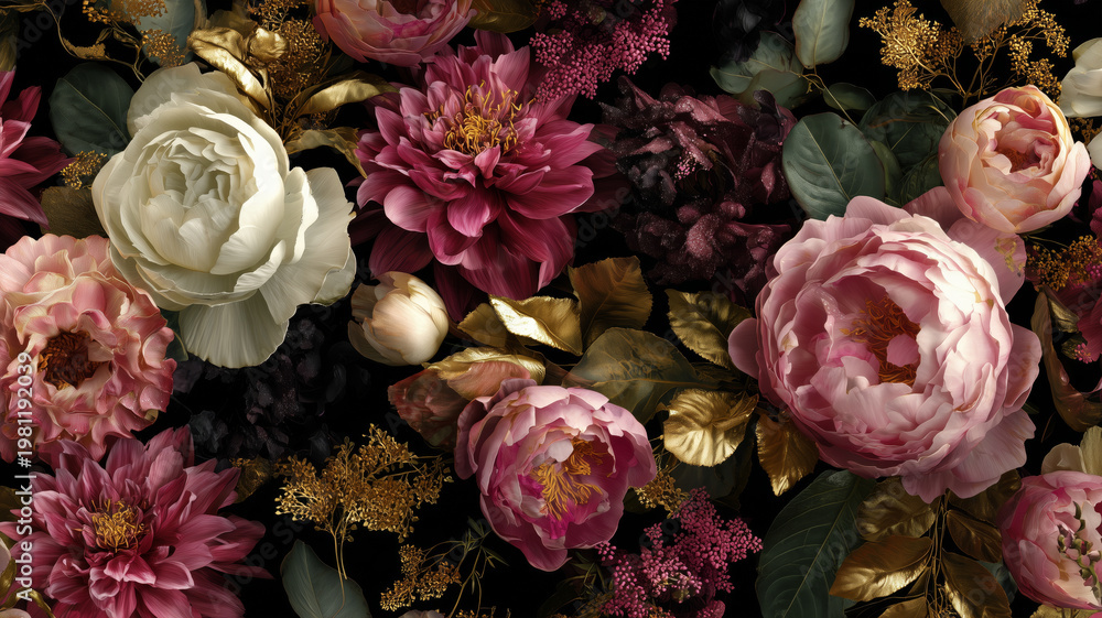 Fototapeta premium Pink and golden flowers, floral design for prints, postcards or wallpaper 