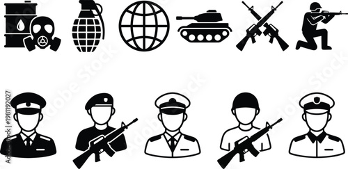Military and defense icons including weapons, vehicles, and personnel in vector graphic illustration