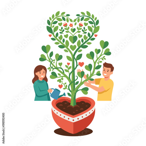 A happy couple lovingly nurtures a growing heart-shaped plant.