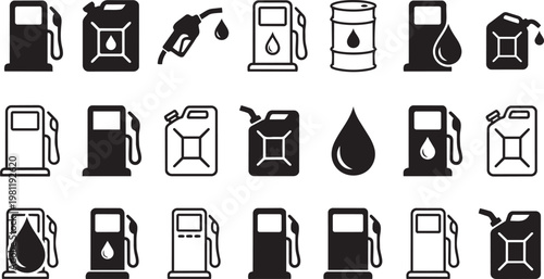 Fuel station and oil industry icon set featuring gas pumps jerrycans barrels and petroleum drops vector.