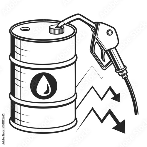 A black and white illustration depicts an oil drum with a fuel nozzle symbolizing rising energy costs and potential shortages high quality