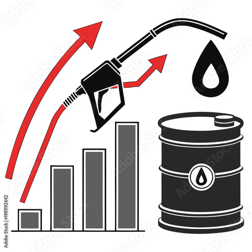 A graphic illustration depicts rising fuel prices showcasing a gas pump nozzle increasing bar graph and oil barrel high quality professional detailed