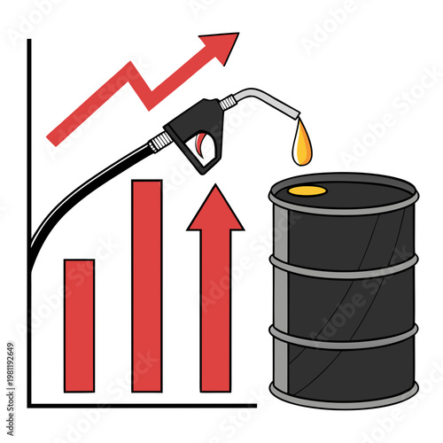 This illustration depicts a rising fuel price trend showing a gas pump nozzle filling an oil barrel with upward pointing graph bars