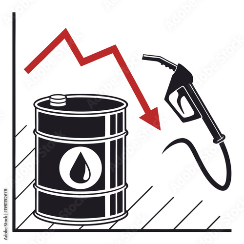 A graphic depiction illustrates a declining trend in oil prices symbolized by a falling red arrow and fuel pump high quality professional