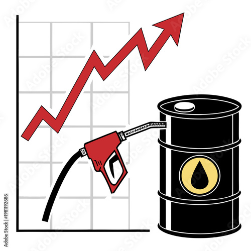 A graphic illustration depicts a rising red line graph alongside an oil barrel and fuel pump symbolizing increasing energy prices high quality