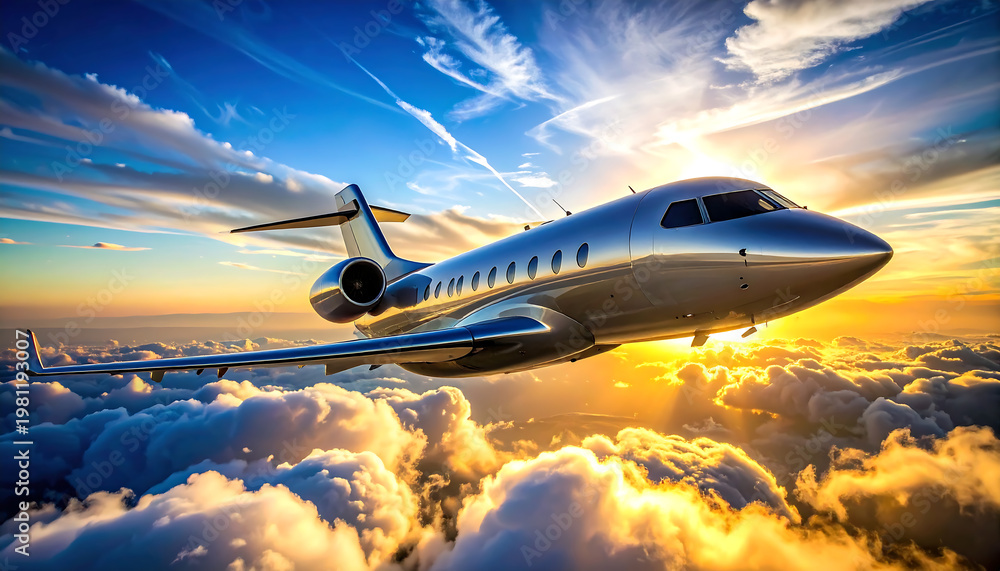 Fototapeta premium Luxury Private Jet Flying Above Clouds at Sunset with Golden Sun Rays and Dramatic Sky
