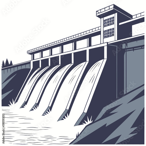A stylized illustration depicts a large concrete hydroelectric dam with water cascading powerfully over its spillways showcasing engineering high quality professional detailed