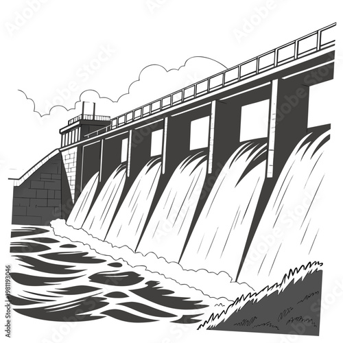 A stark black and white illustration depicts a large concrete dam with water powerfully cascading over its spillways into a turbulent river