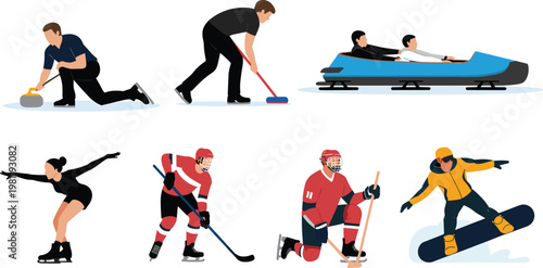 Winter sports vector character collection featuring athletes engaged in ice hockey curling bobsled figure skating and snowboarding on white background.