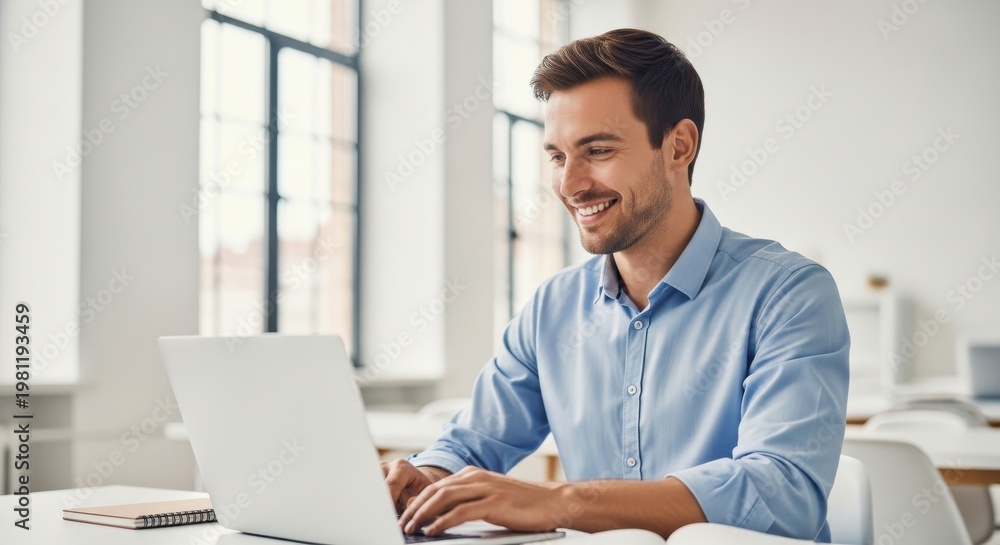 Fototapeta premium Professional man in a blue shirt works on a laptop in a bright office environment.