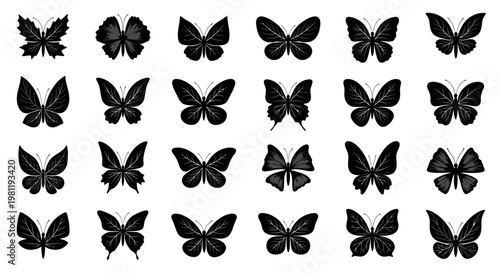 Collection of various butterfly silhouettes on white background.