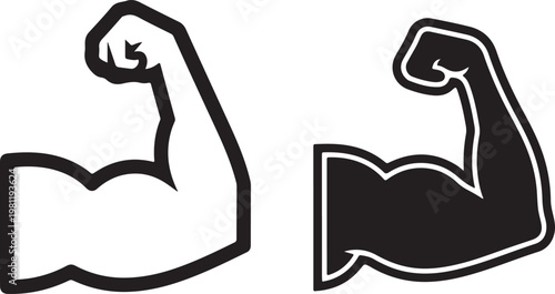 Two outlined flexed bicep muscle icons one black and one white line art strength bodybuilding training athletic exercise muscular definition contoured illustration isolated