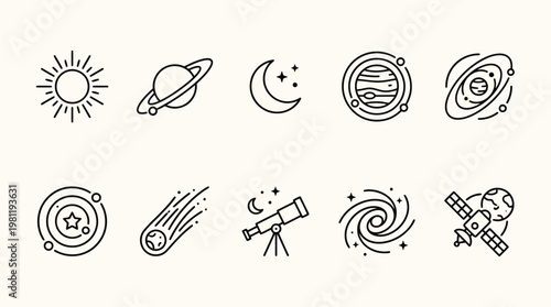 A vector graphic illustration of astronomy symbols featuring sun, planets, moon, stars, and telescope