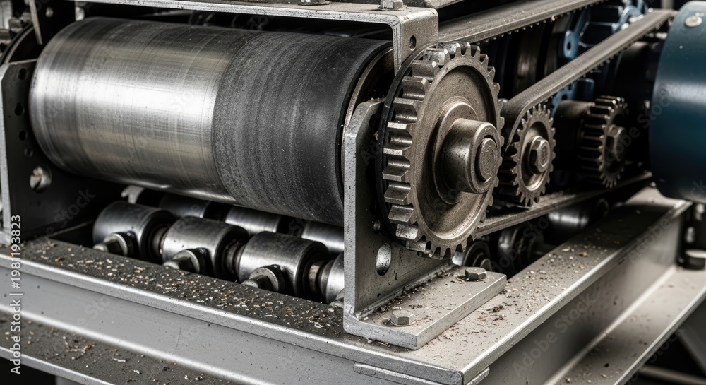 Fototapeta premium Industrial machinery with gears and belts in operation close up