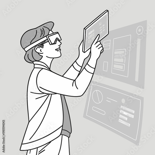 A man in a cap is holding a tablet and interacting with a digital interface