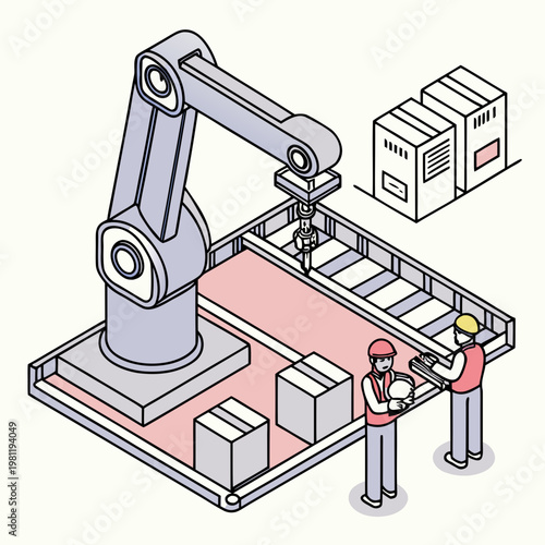Industrial robot arm working on a conveyor belt with workers