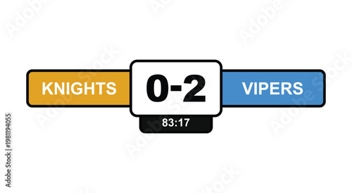 Sports match scoreboard graphic 0 by 2. Yellow and blue team banners, zero to two score and game timer. Clean flat interface with competitive broadcast vibe. Vector isolated UI element.