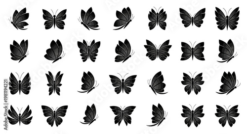 Collection of black butterflies on white background.