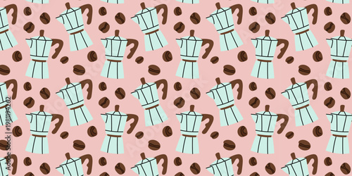 Coffee Maker Seamless Pattern Flat Vector Illustration. Seamless pattern with moka pots and coffee beans in flat style. Perfect for cafe design, packaging and coffee themed projects.