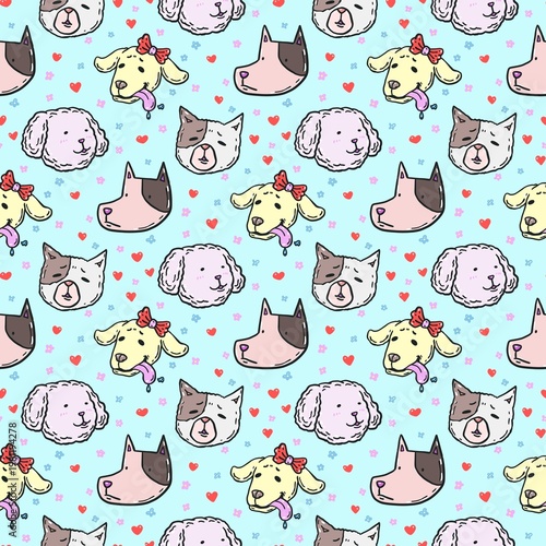 Seamless pattern with dogs and blue background doodle illustration