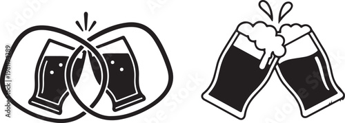 Two black silhouette beer glasses clinking together in a celebratory toast with clinking silhouette celebration beverage gathering occasion refreshment restaurant excitement