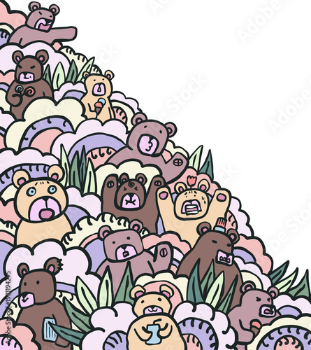 Bears and flowers doodle color illustration