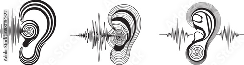 Three illustrative ears with sound waves emanating from them frequency acoustic waveform illustration abstract perception vibration auditory communication information