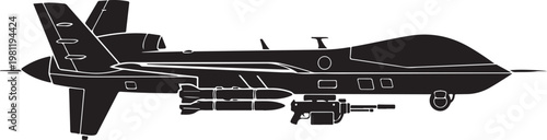 Military drone, combat aircraft, black silhouette, vector illustration, unmanned aerial vehicle