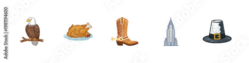 United States Culture and American Travel Symbols with Colorful Crayony Brush Strokes and Expressive Colorful Lines