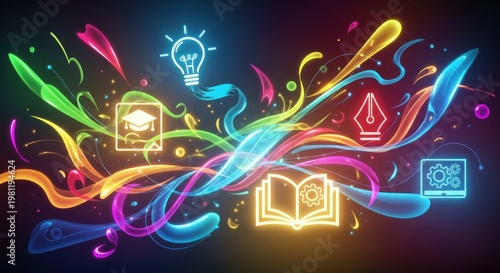 Abstract illustration of colorful light streaks with education and innovation icons