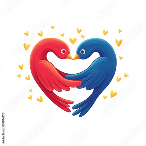 Lovebirds' Embrace: Two charming lovebirds, one crimson and the other cerulean, entwined in a heart shape, symbolizing love, harmony, and togetherness, amidst a flurry of golden hearts. 