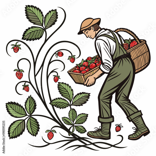 A vintage style illustration depicts a farmer carrying a basket brimming with ripe red strawberries amidst lush green foliage high quality professional