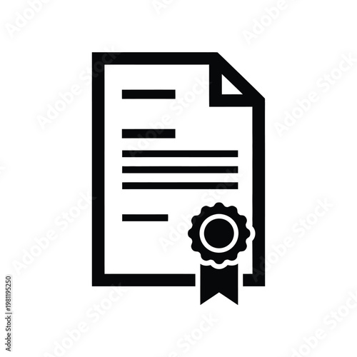 A simple black glyph depicting a document or certificate with lines of text and a seal high quality professional