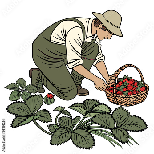 A stylized illustration depicts a farmer carefully placing freshly picked vibrant strawberries into a woven basket amidst lush greenery high quality professional