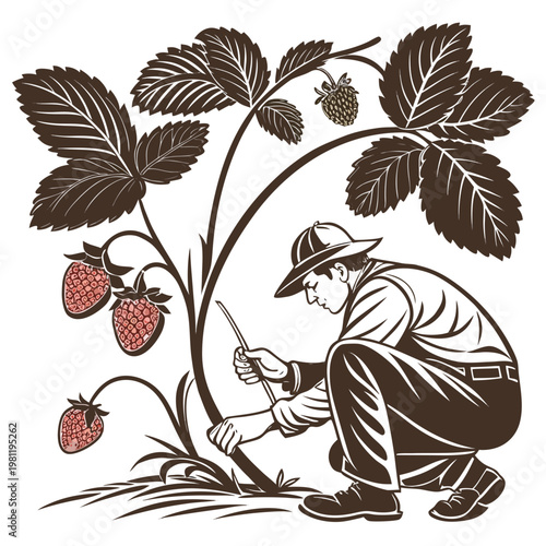 A vintage style illustration depicts a farmer carefully harvesting ripe strawberries from a lush plant showcasing a rural scene high quality professional