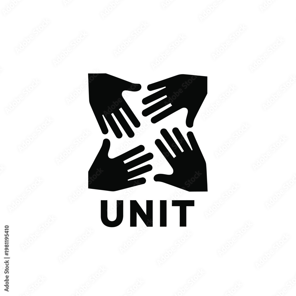 Obraz premium A symbolic representation of unity and collaboration featuring four hands reaching towards each other with the word unit